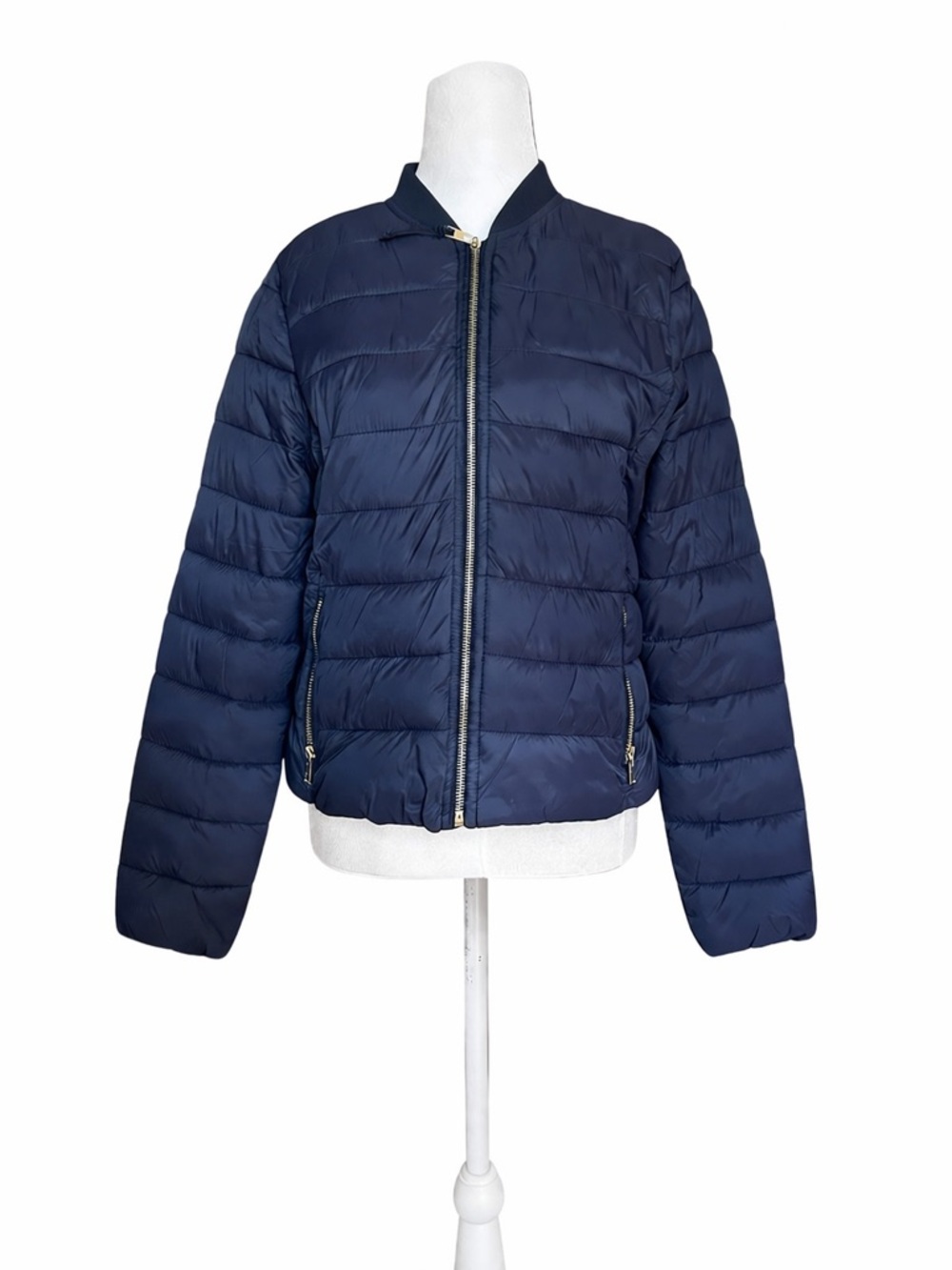 Bershka Lightweight Puffer Jacket Women L Large Navy Blue Quilted Full Zip Coat
